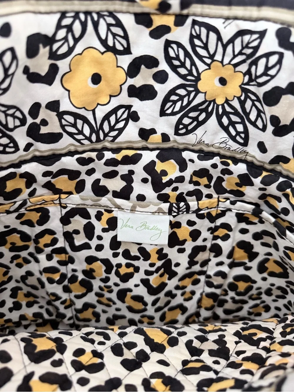 Vera Bradley Yellow and Black Quilted Floral Tote Interior Pocket 12” H x 11” W